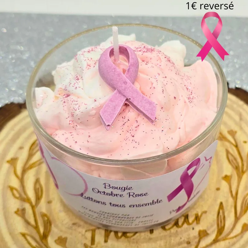 Bougie chantilly parfum violette lutte contre le cancer 1€ reversé avec ruban en jesmonite
