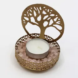 Bougeoir arbre + bougie chauffe plat parfumée à la rose + pierres naturelles quartz rose